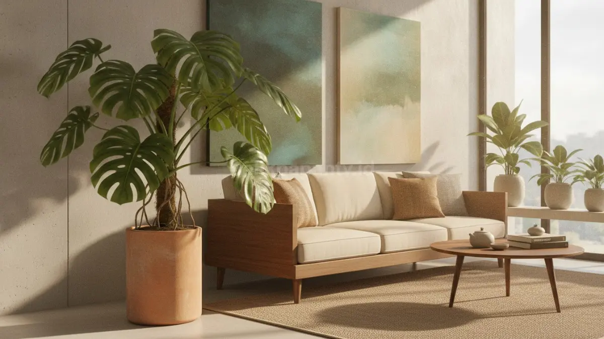 Monstera berdaun lebar menghadirkan aksen alami menarik, cocok untuk berbagai gaya interior modern.  (BTV/AI)