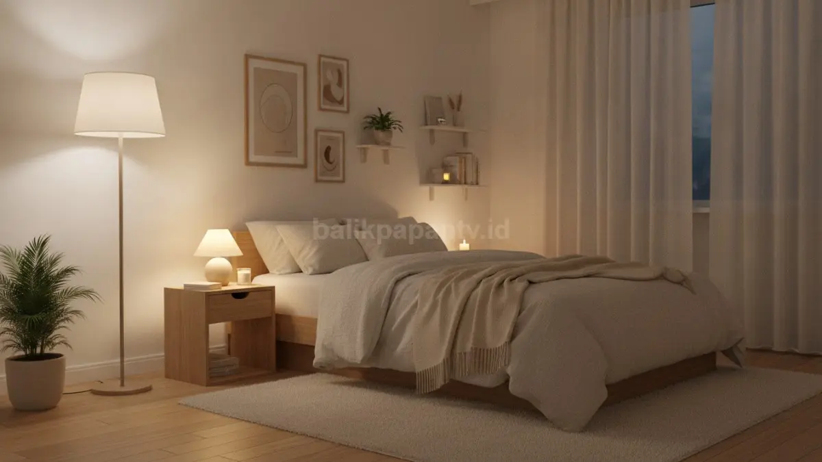 Pencahayaan hangat membantu menciptakan suasana kamar yang rileks dan nyaman, terutama saat malam hari. (BTV/AI)
