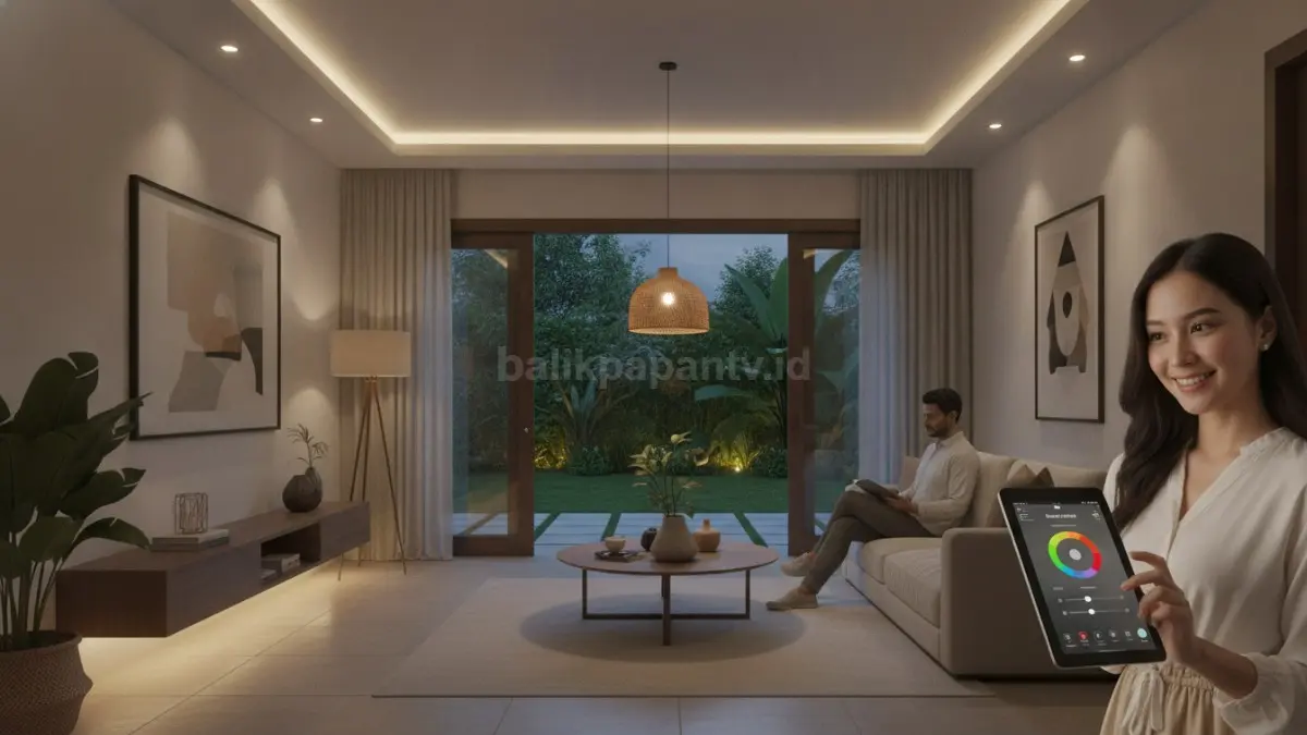 Smart lighting memungkinkan pengaturan cahaya melalui aplikasi, menciptakan pencahayaan fleksibel, praktis, dan hemat energi rumah.  (BTV/AI)