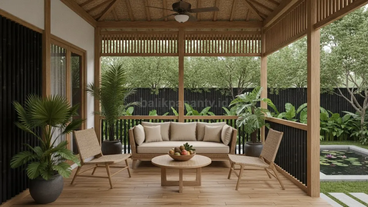 Teras rumah tropis modern dengan tanaman hijau dan area duduk nyaman untuk aktivitas santai (BTV/Ai)