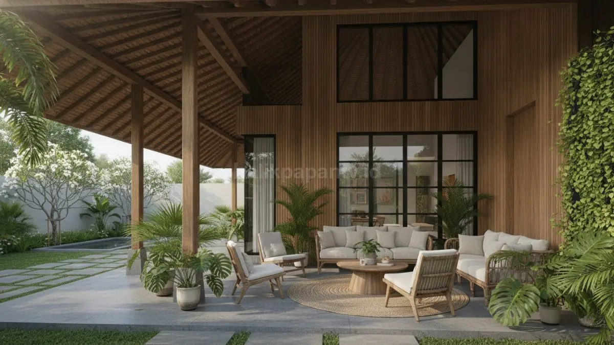 Teras tropis dengan atap lebar menghadirkan keteduhan optimal, nyaman digunakan sepanjang hari. (BTV/Ai)
