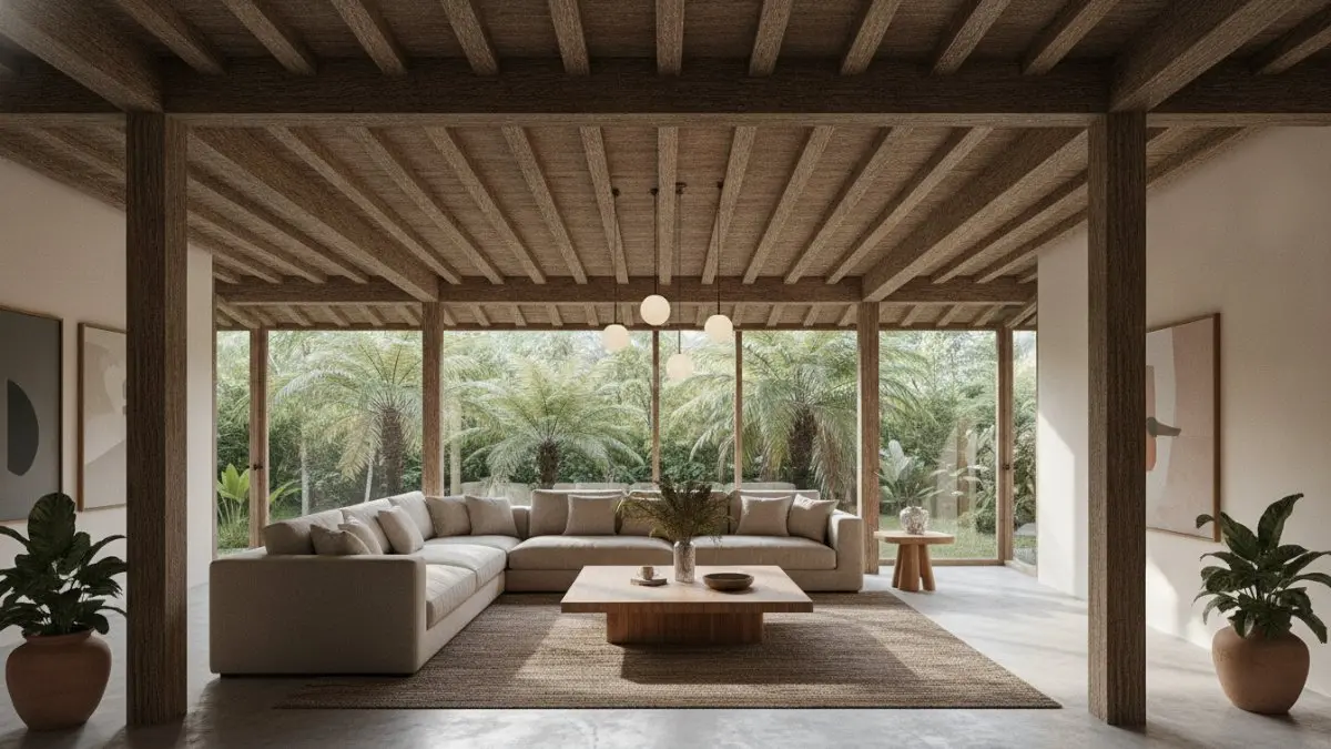 Wooden Ceiling Beams ekspos memperkuat karakter ruang keluarga modern dengan nuansa hangat.  (BTV/AI)