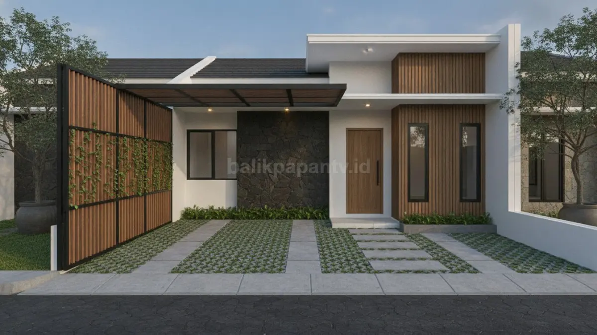 Area parkir yang menyatu dengan desain rumah menciptakan tampilan fasad yang lebih rapi dan modern. (BTV/AI)
