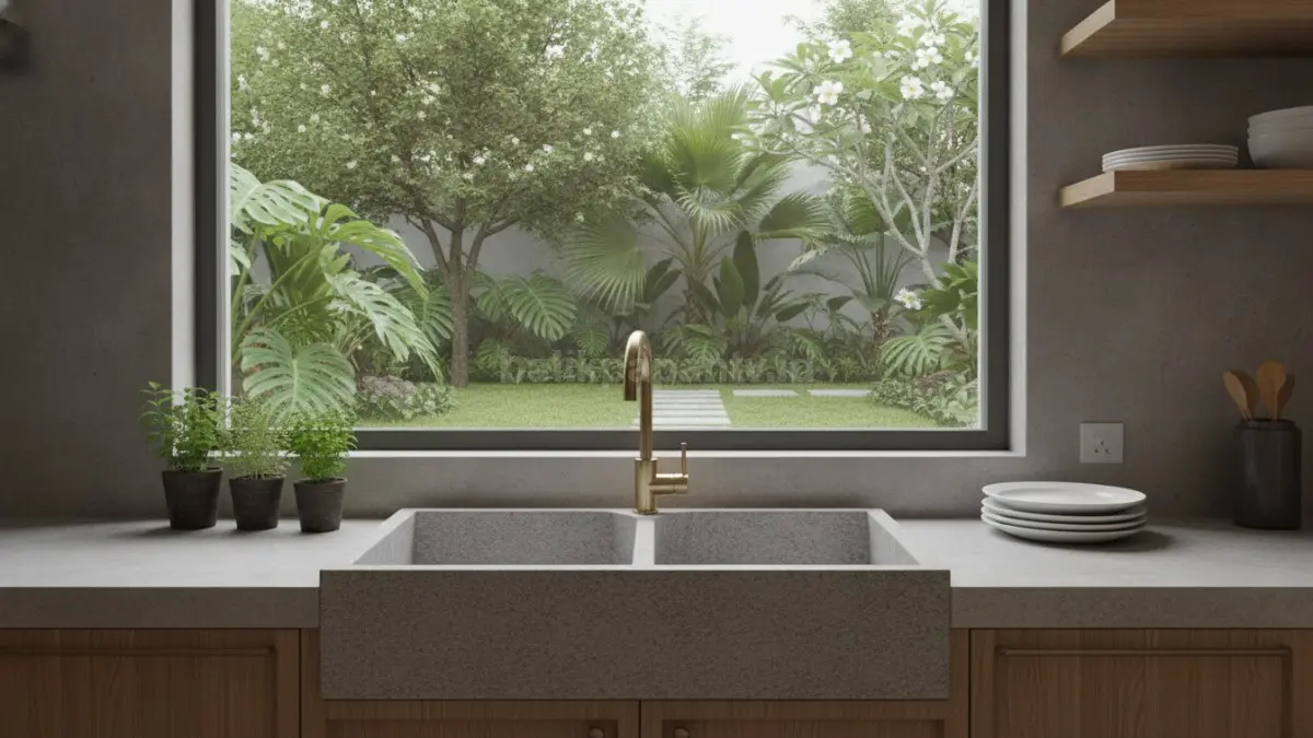 Area wastafel dekat jendela menghadap taman menciptakan dapur yang segar dan fungsional.
