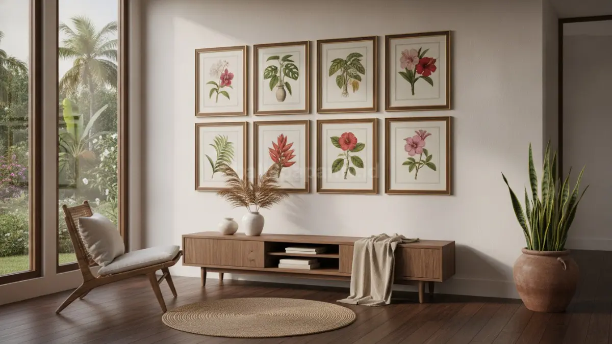 Botanical grid gallery wall menampilkan susunan gambar tanaman dalam pola rapi menciptakan galeri dinding modern.  (BTV/AI)