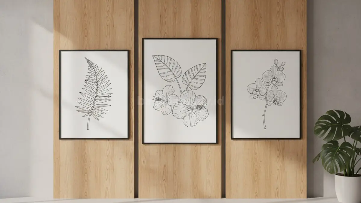 Botanical minimalis hitam putih menghadirkan ilustrasi tanaman monokrom yang tenang untuk ruang modern elegan. (BTV/AI)