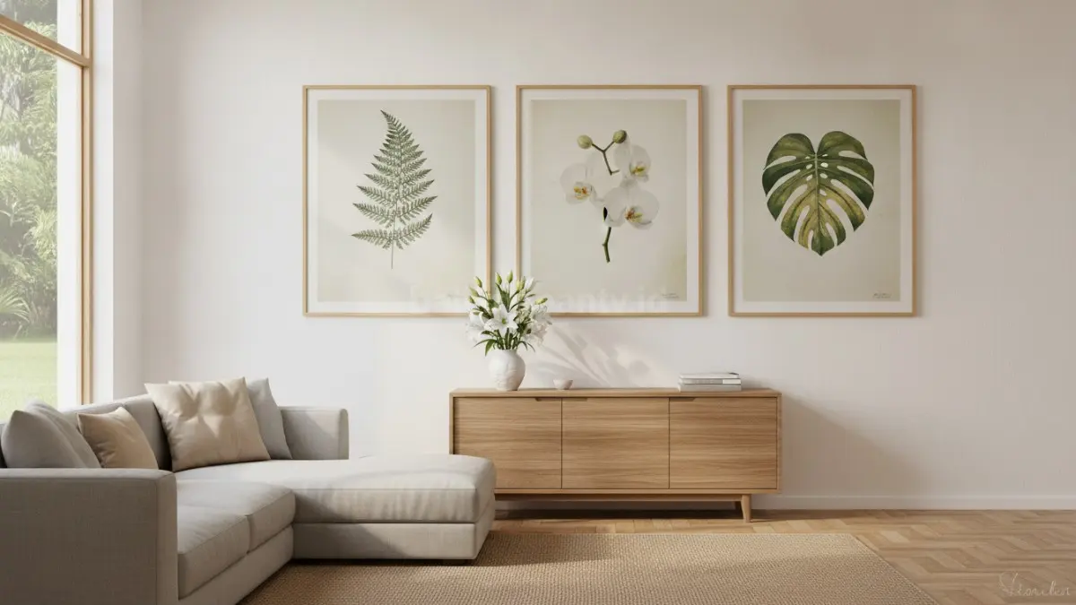 Botanical printable dalam frame minimalis menghiasi dinding ruang tamu modern yang bersih dan elegan.  (BTV/AI)