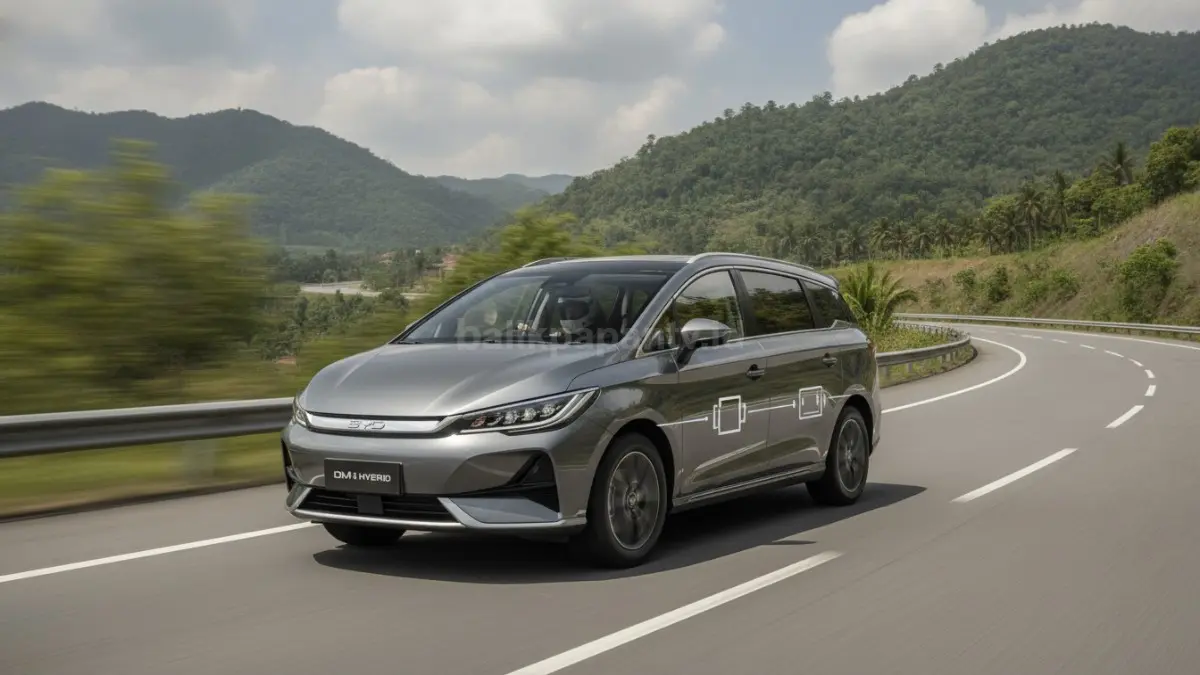 BYD M6 dengan teknologi BYD DM-i saat diuji, menampilkan sistem hybrid yang menggabungkan efisiensi dan fleksibilitas perjalanan jauh. (BTV/Ai)