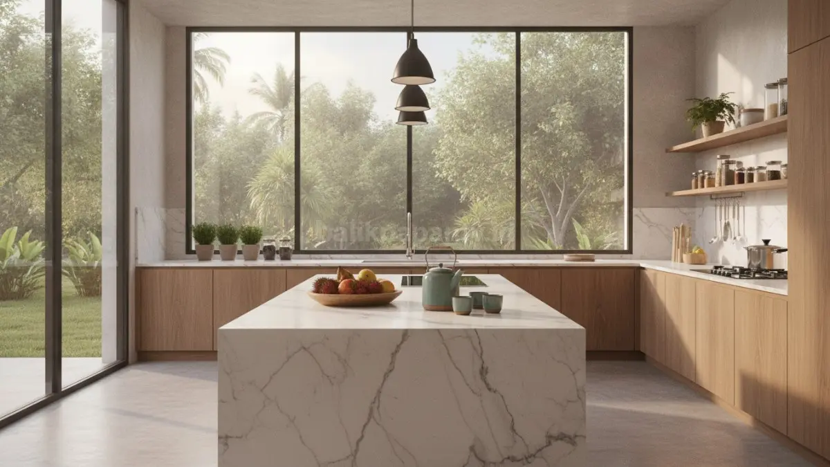 Dapur modern dengan jendela besar menghadirkan cahaya alami dan suasana memasak yang nyaman.
