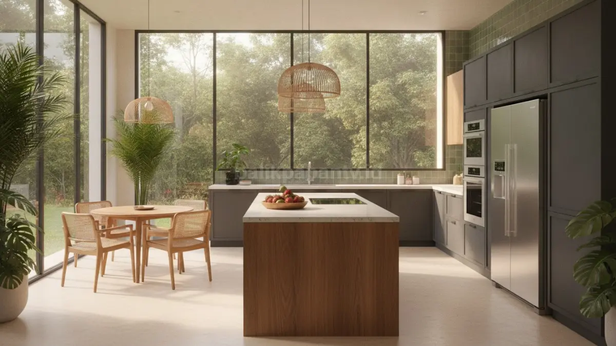 Dapur modern dengan jendela besar menghadirkan cahaya alami dan suasana memasak yang nyaman.