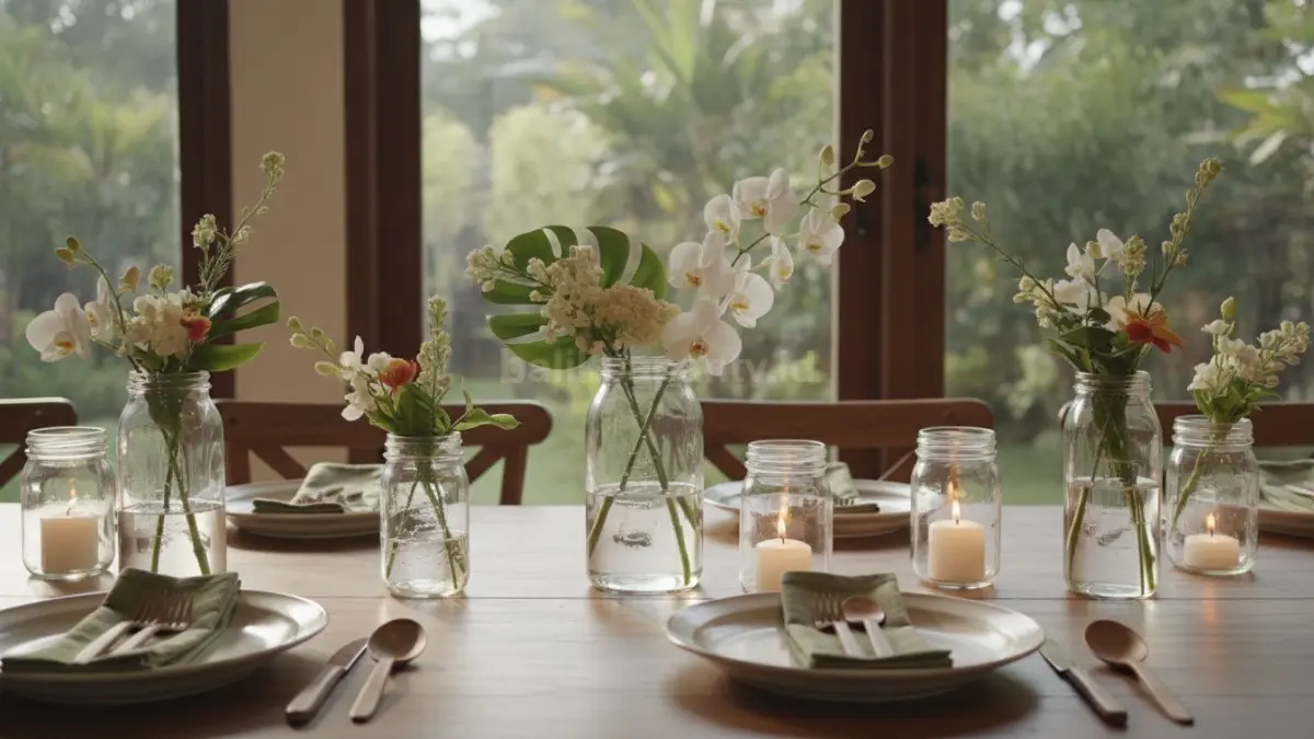 Dekorasi meja makan natural dengan mason jar berisi bunga musiman menciptakan suasana segar dan hangat.  (BTV/AI)