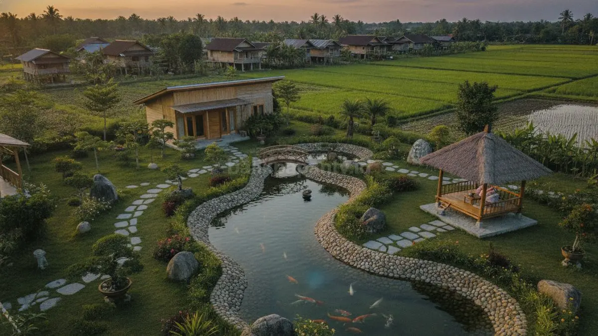 Desain kolam kotak minimalis dengan batu alam di rumah kampung