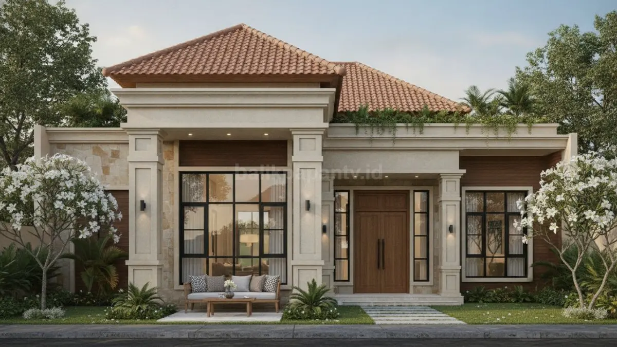 Fasad rumah mewah klasik modern dengan pilar elegan dan taman rapi yang menarik perhatian. (BTV/Ai)