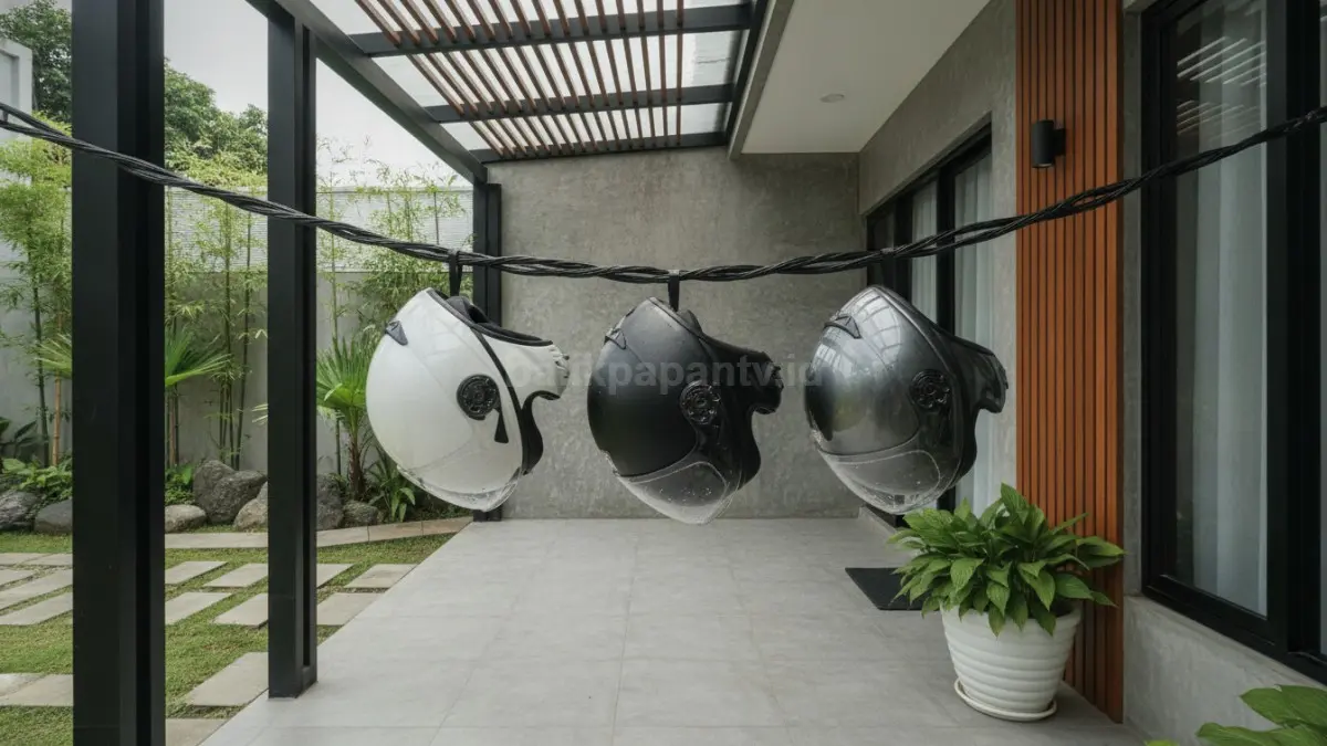 Helm dijemur di tempat teduh dengan sirkulasi udara baik setelah dicuci.
