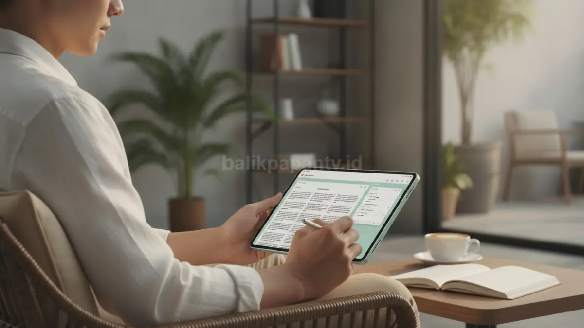 Huawei MatePad Mini dengan layar OLED 120Hz dan desain ultra tipis saat digunakan untuk membaca serta mencatat digital. (BTV/Ai)