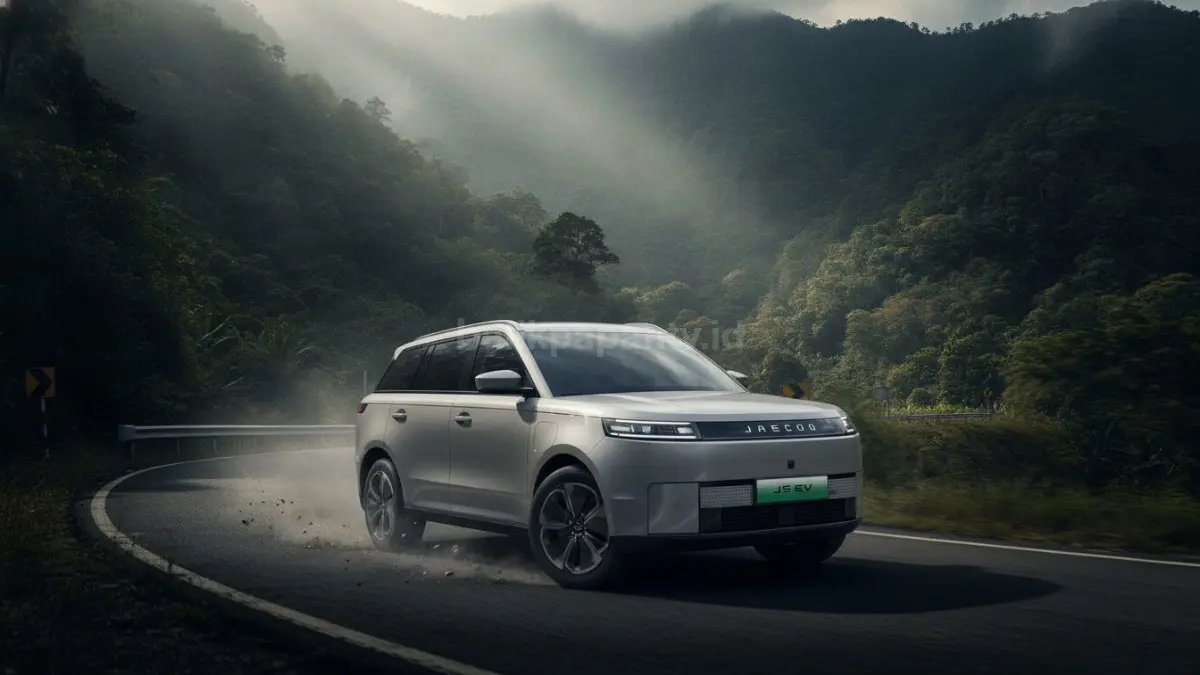Jaecoo J5 EV saat diuji di jalan pegunungan dengan fokus pada desain premium dan performa SUV listrik. (BTV/Ai)