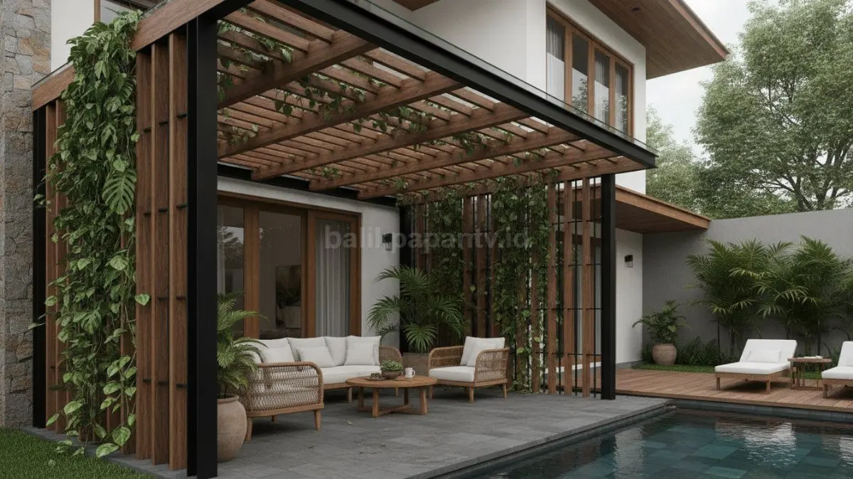 Kanopi kombinasi kayu dan besi menghadirkan perpaduan nuansa hangat, alami, dan modern pada tampilan rumah. (BTV/Ai)
