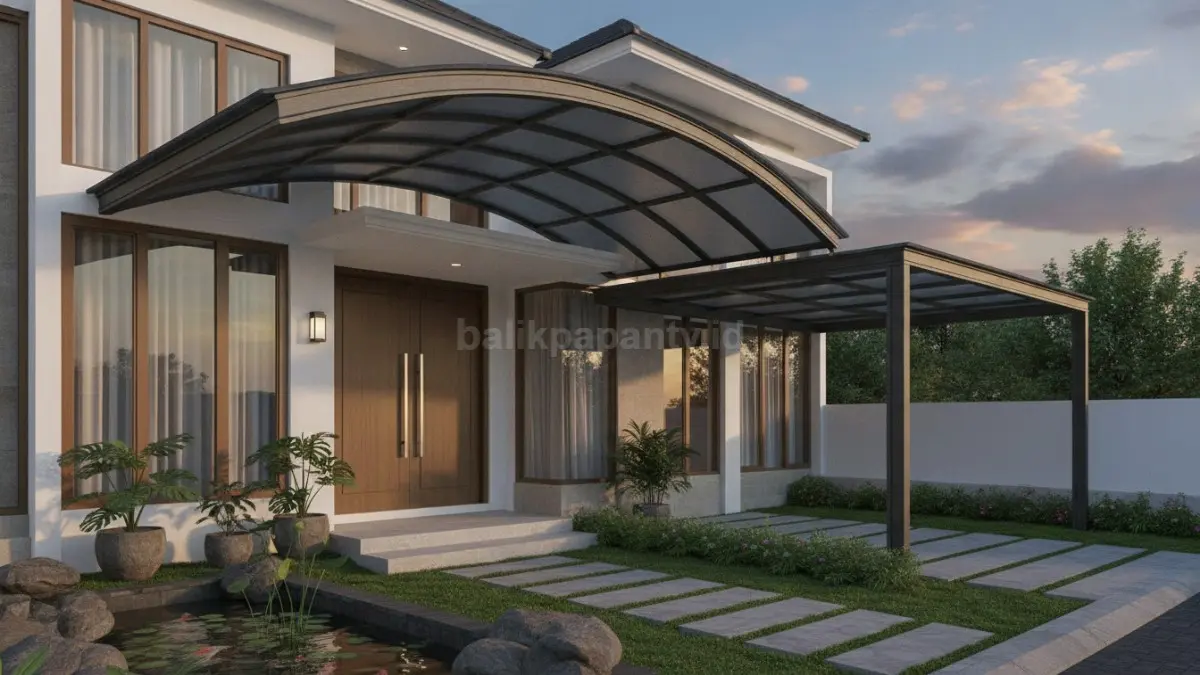 Kanopi lengkung kontemporer menghadirkan tampilan unik dan modern sekaligus membantu aliran air hujan lebih optimal. (BTV/Ai)
