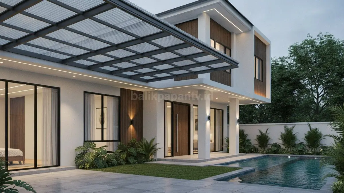 Kanopi minimalis rangka baja ringan menghadirkan tampilan modern, rapi, dan praktis dengan perawatan yang mudah. (BTV/Ai)
