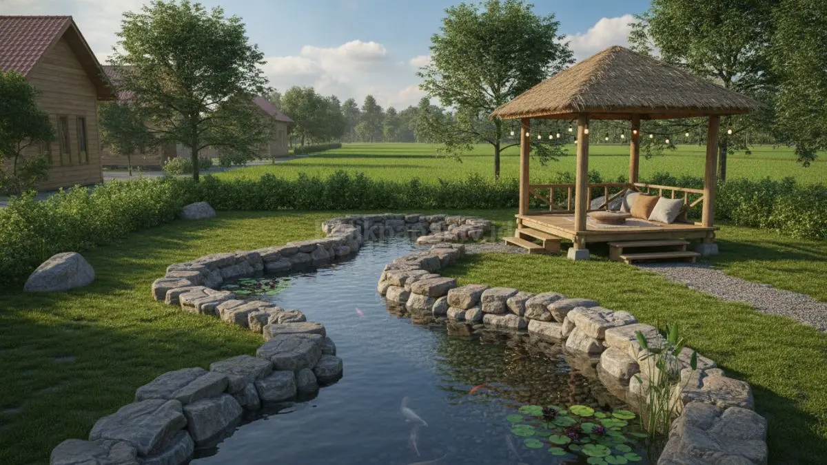 Kolam batu alam natural tanpa sudut tegas berbentuk aliran sungai kecil tampak sangat estetis harmonis (BTV/Ai)
