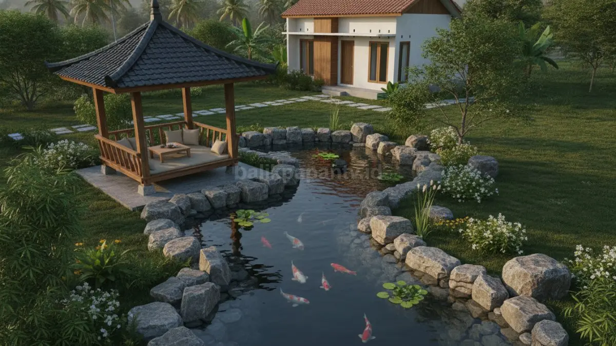 Kolam ikan dangkal ala Korea di halaman rumah kecil dengan gazebo kecil