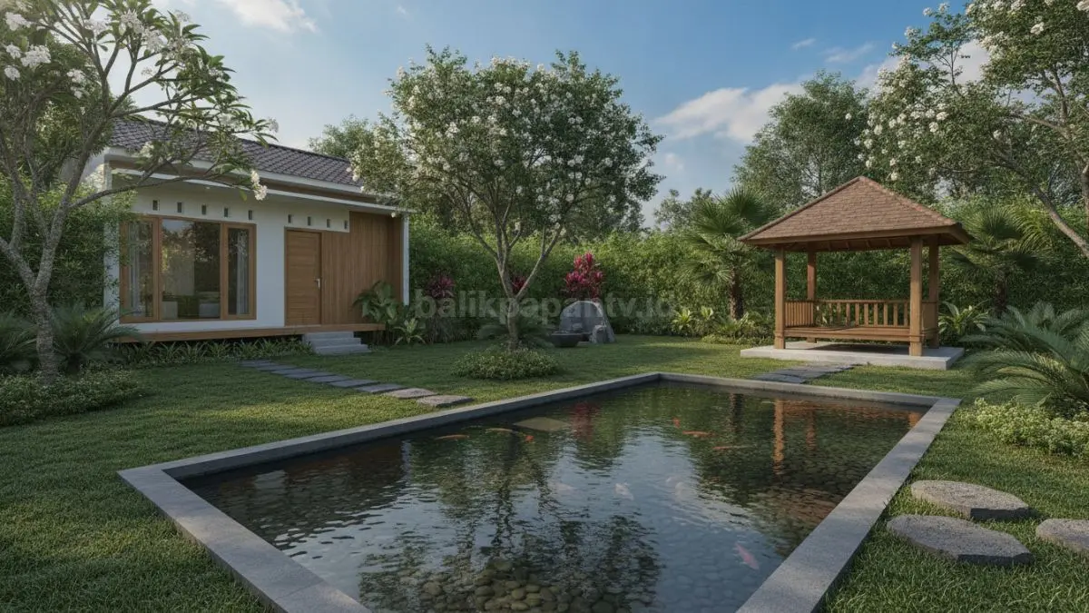 Kolam kotak minimalis menjadi pusat halaman, menghadirkan suasana tenang modern dan natural sejuk estetik (BTV/Ai)
