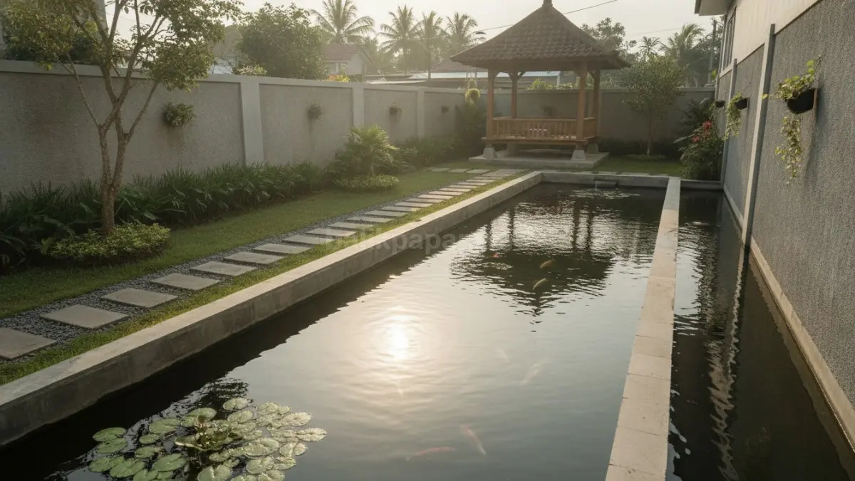 Kolam linear pinggir tembok memaksimalkan ruang sempit dengan air tenang refleksi cahaya halaman kecil (BTV/Ai)
