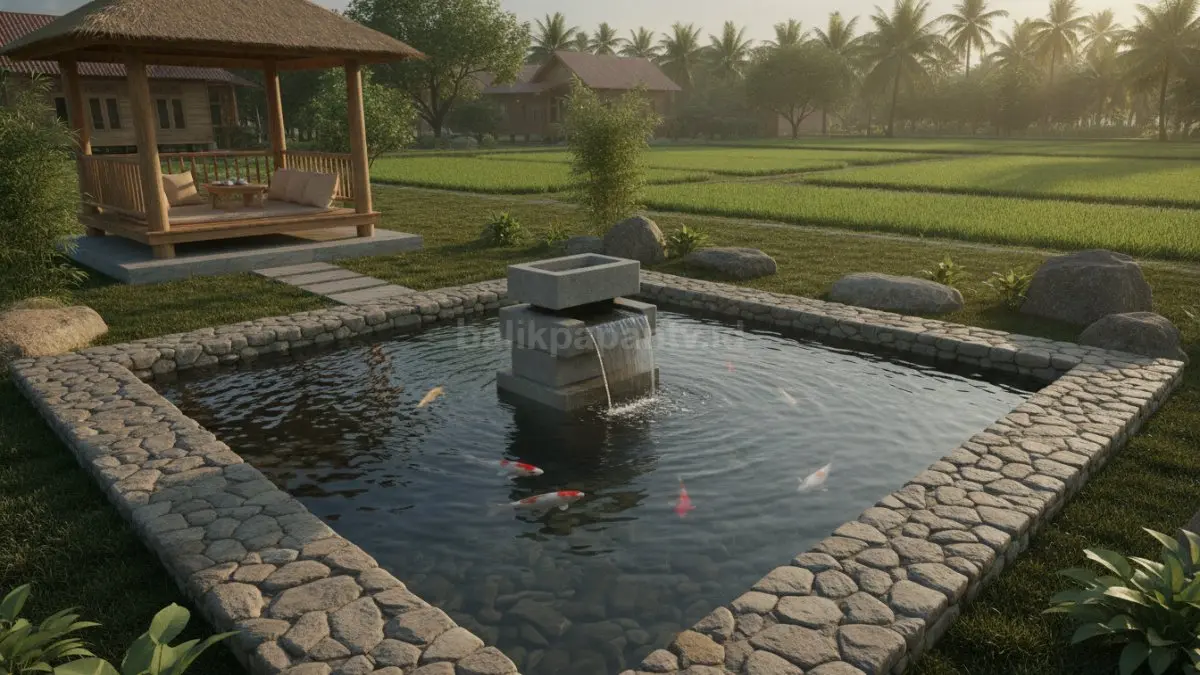 Kolam mini air terjun tipis dengan aliran air lembut menciptakan suasana rileks alami sore hari (BTV/Ai)
