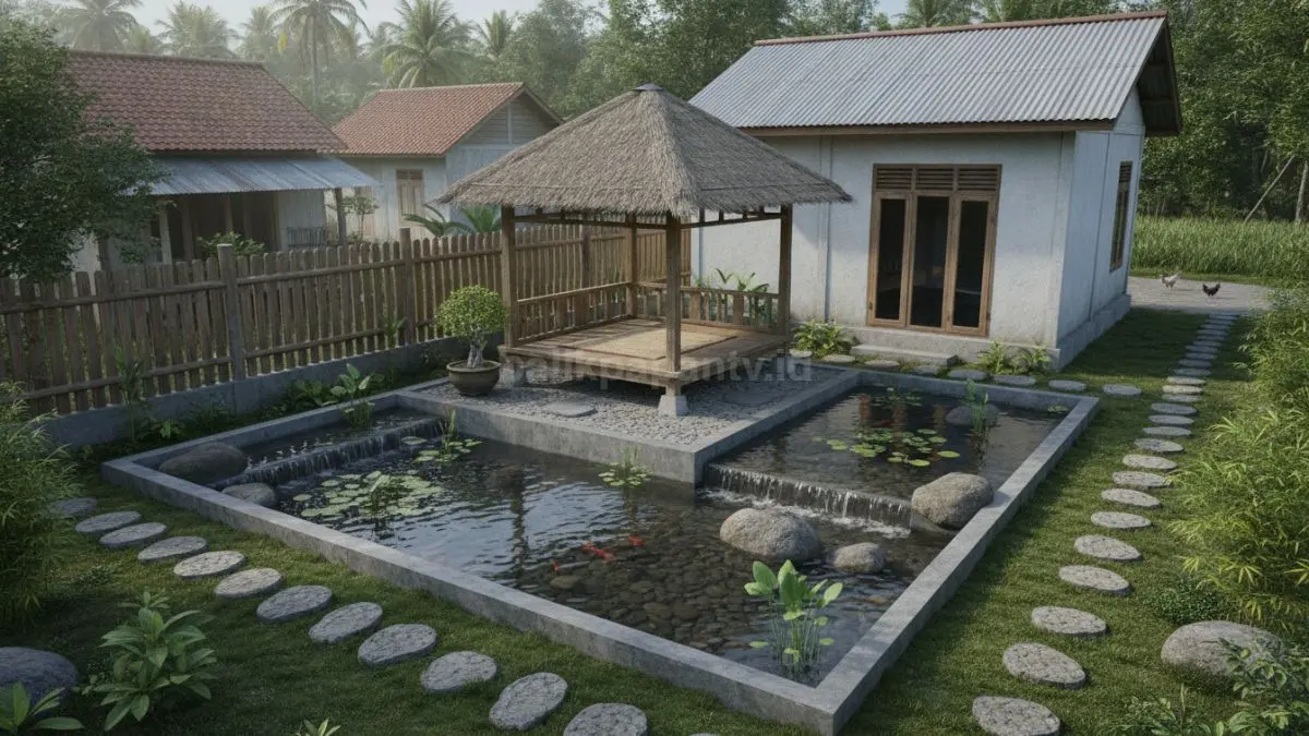 Kolam sudut L-shape hemat ruang mengikuti sudut rumah kampung terlihat efisien dan dinamis alami (BTV/Ai)
