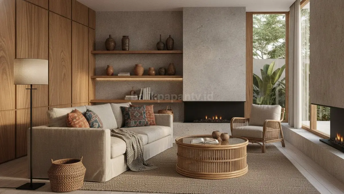 Kombinasi kayu, linen, rotan, batu, dan logam matte menciptakan ruang hangat, elegan, bertekstur seimbang (BTV/AI)