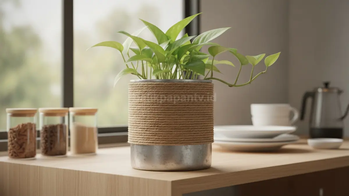 Kombinasi lilitan setengah badan memberi kontras modern pada kaleng dengan bagian bawah polos dan atas bertekstur tali rami dekoratif rak dapur rumah minimalis dan estetik (BTV/AI)