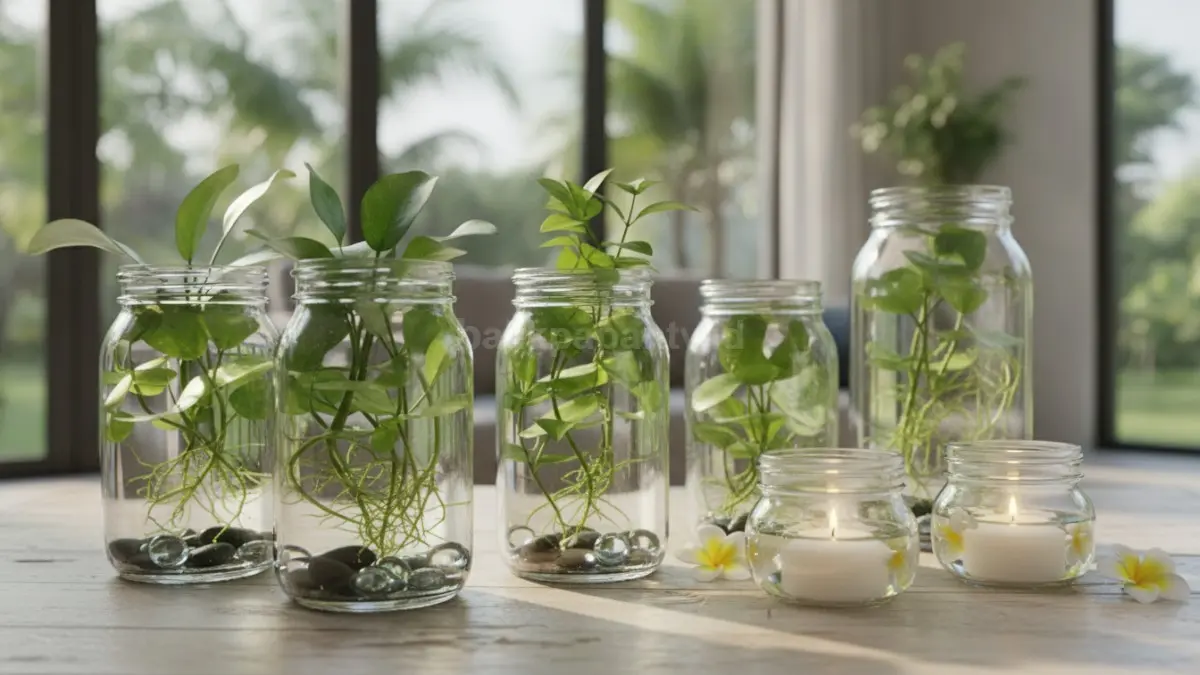 Kombinasi vas dan tanaman air dalam mason jar menghadirkan dekorasi alami, segar, dan hemat perawatan untuk ruang modern.  (BTV/AI)
