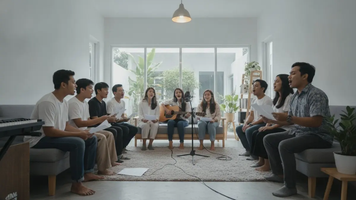 Komunitas musik lokal berkumpul dan berlatih bersama untuk mengembangkan kemampuan vokal.
