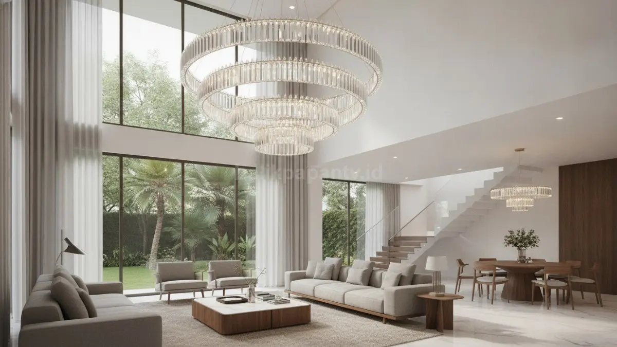Lampu kristal gantung modern bertingkat menghadirkan kesan mewah dan elegan pada ruang tamu kontemporer. (BTV/Ai)
