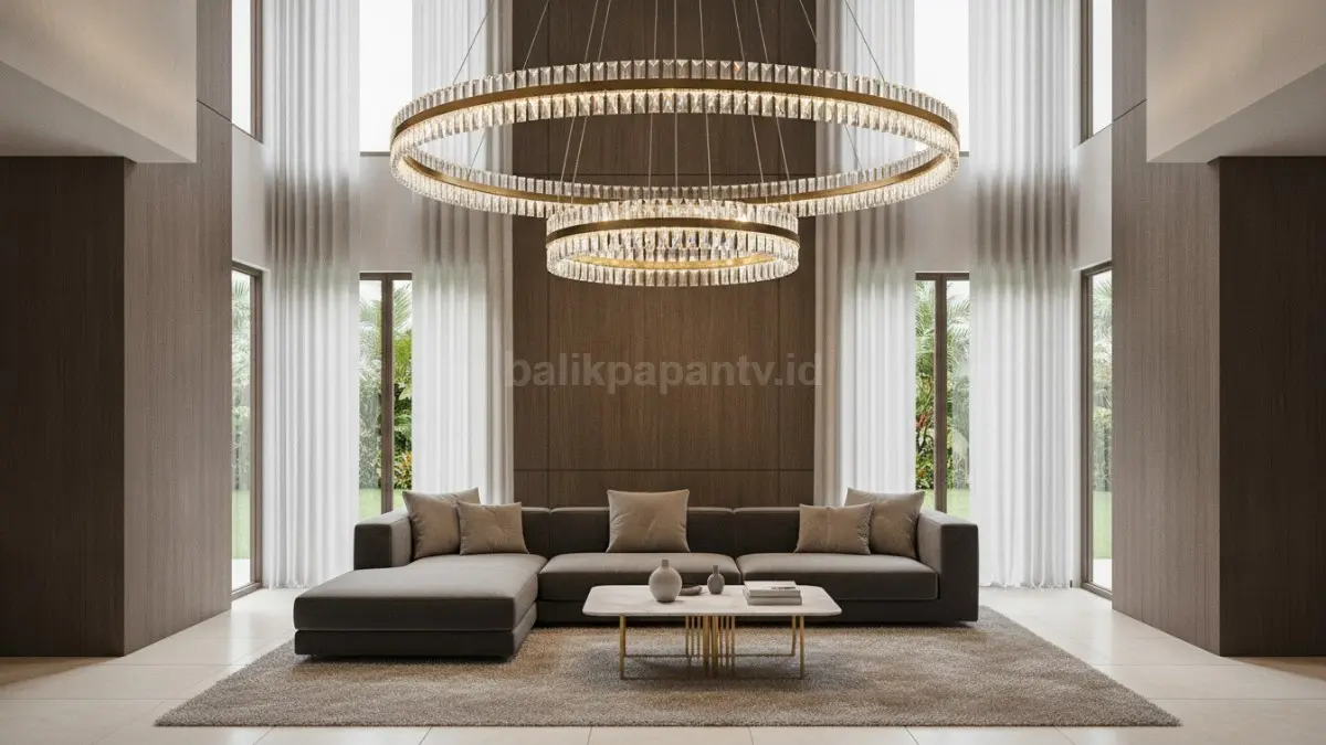 Lampu kristal gantung ring modern menghadirkan pencahayaan elegan dengan desain lingkaran bertingkat yang mewah dan berkelas. (BTV/Ai)
