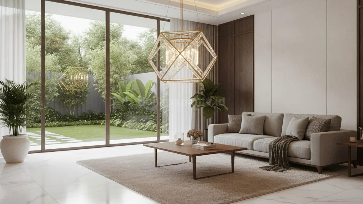Lampu kristal geometris minimalis menghadirkan sentuhan mewah dengan desain modern yang simpel dan elegan. (BTV/Ai)
