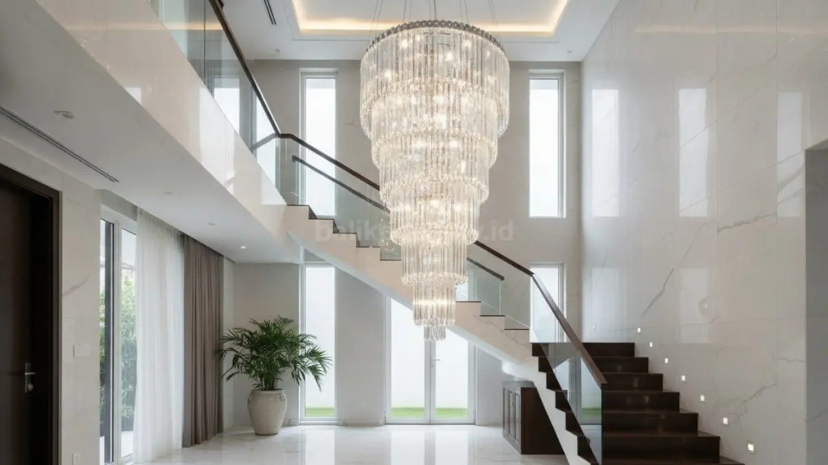 Lampu kristal model cascade bertingkat menciptakan efek visual mewah dan dramatis yang cocok untuk area berplafon tinggi. (BTV/Ai)
