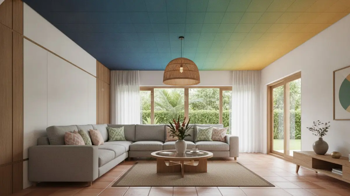 Langit-langit berwarna kini menjadi tren desain interior, menciptakan dimensi ruang lebih menarik dan personal. (BTV/AI)
