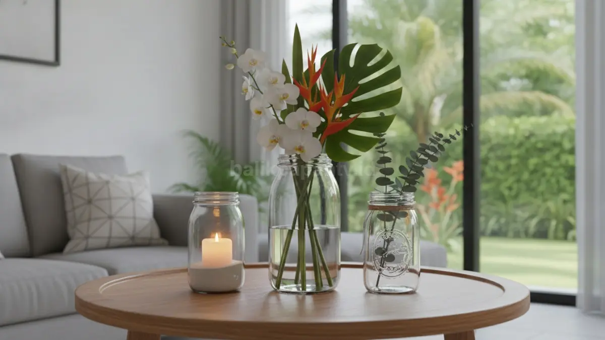 Mason jar bekas diubah menjadi vas bunga minimalis yang mempercantik ruang tamu modern.  (BTV/AI)