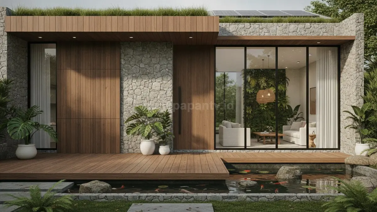 Material alami dan tanaman hijau menghadirkan suasana hangat dengan sentuhan modern pada hunian. (BTV/AI)
