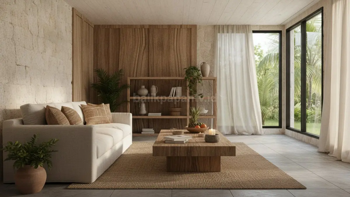 Material alami seperti batu, kayu, dan linen menghadirkan tekstur hangat serta kedalaman visual ruangan (BTV/Ai)
