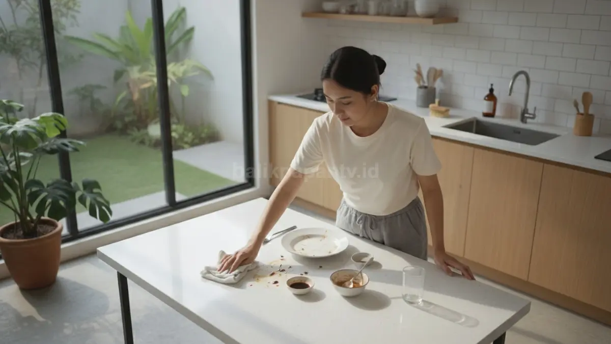Membersihkan meja dan area dapur setelah digunakan membantu mengurangi sisa makanan yang dapat menarik lalat. (BTV/Ai)
