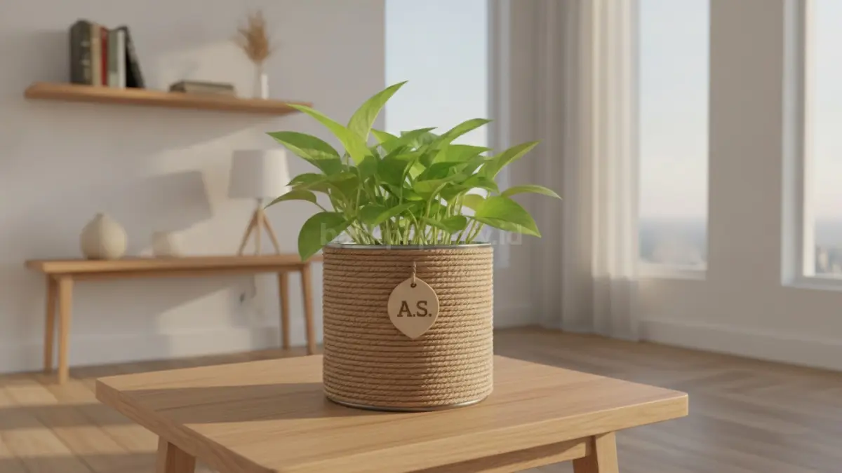 Ornamen kayu kecil menambah identitas personal pada kaleng dekoratif tanaman hias rumah minimalis modern estetik hangat  (BTV/AI)