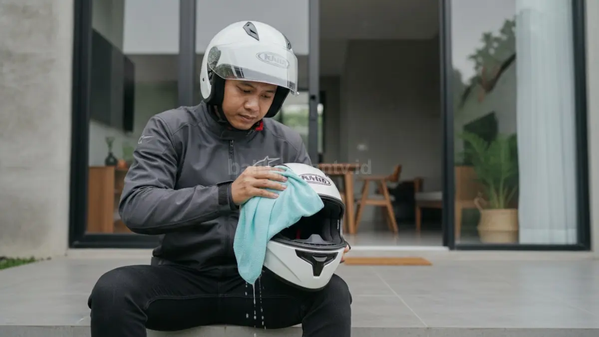 Pengendara membersihkan bagian dalam helm dengan kain lembut untuk menjaga kebersihan dan kenyamanan.
