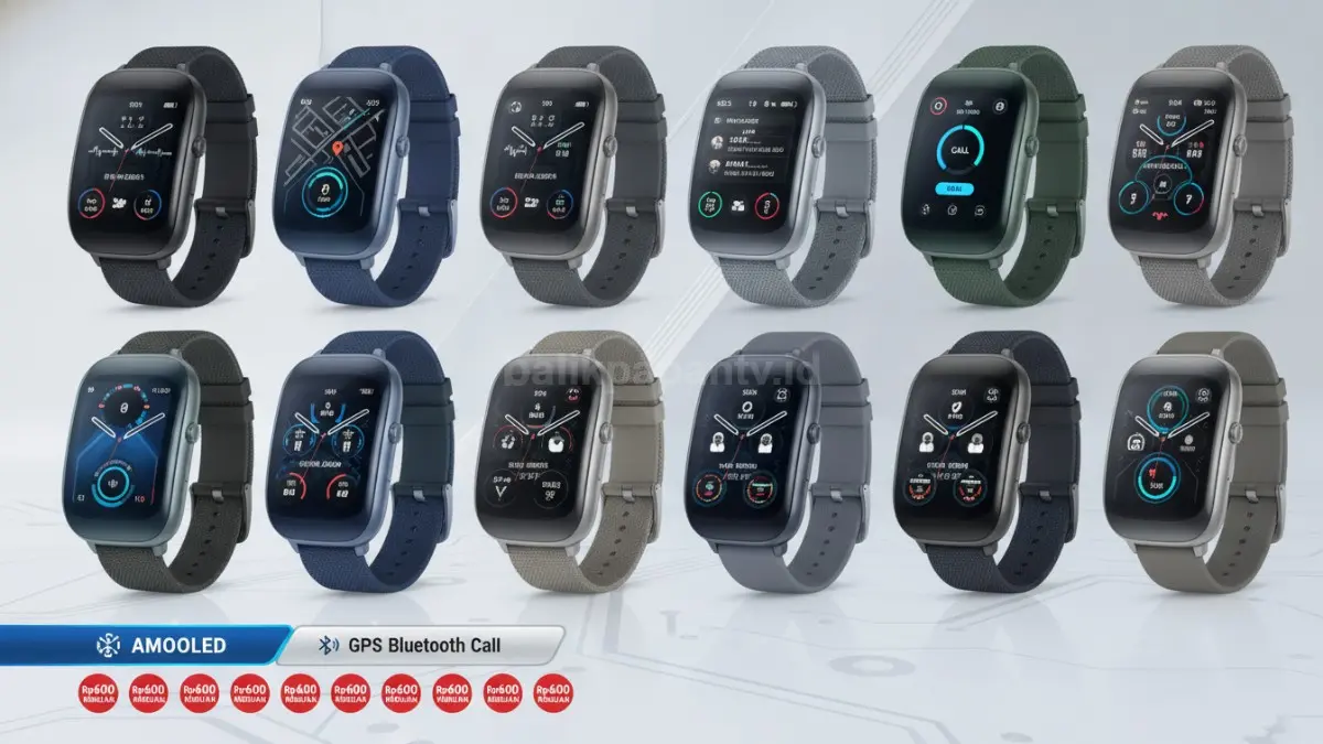 Perbandingan 10 smartwatch terbaru 2026 dengan fitur AMOLED, GPS, dan Bluetooth Call harga Rp600 ribuan. (BTV/Ai)