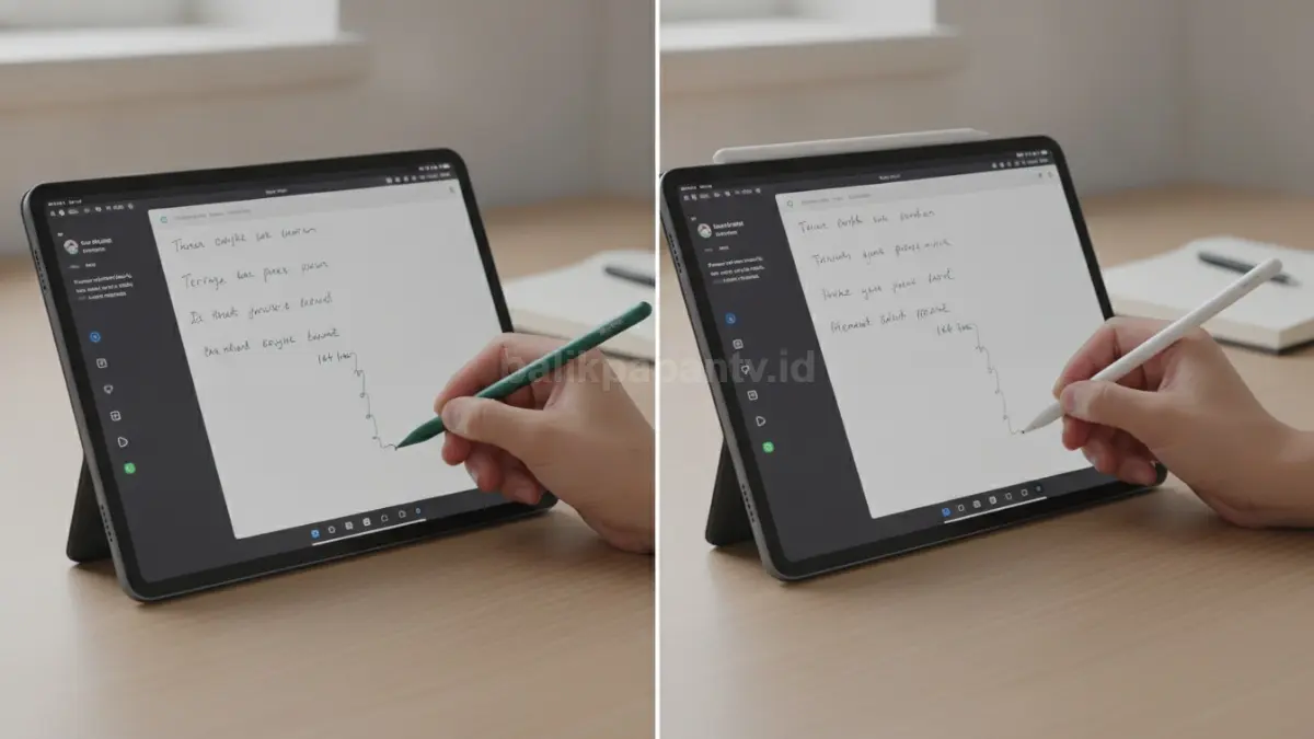 Perbandingan layar Xiaomi Pad 8 144 Hz dan iPad 2025 saat digunakan untuk mencatat dengan stylus. (BTV/Ai)