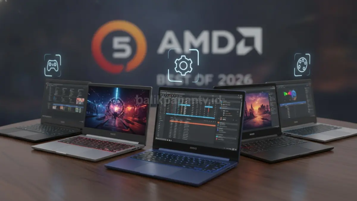 Perbandingan lima laptop AMD Ryzen 5 terbaik 2026 untuk gaming, produktivitas, dan kreator konten. (BTV/Ai)