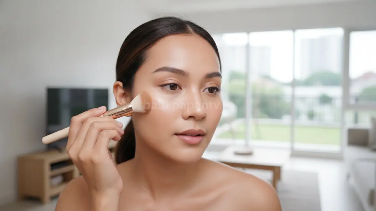 Perempuan sedang mengaplikasikan makeup anti crack dengan hasil wajah halus dan natural sepanjang hari.
