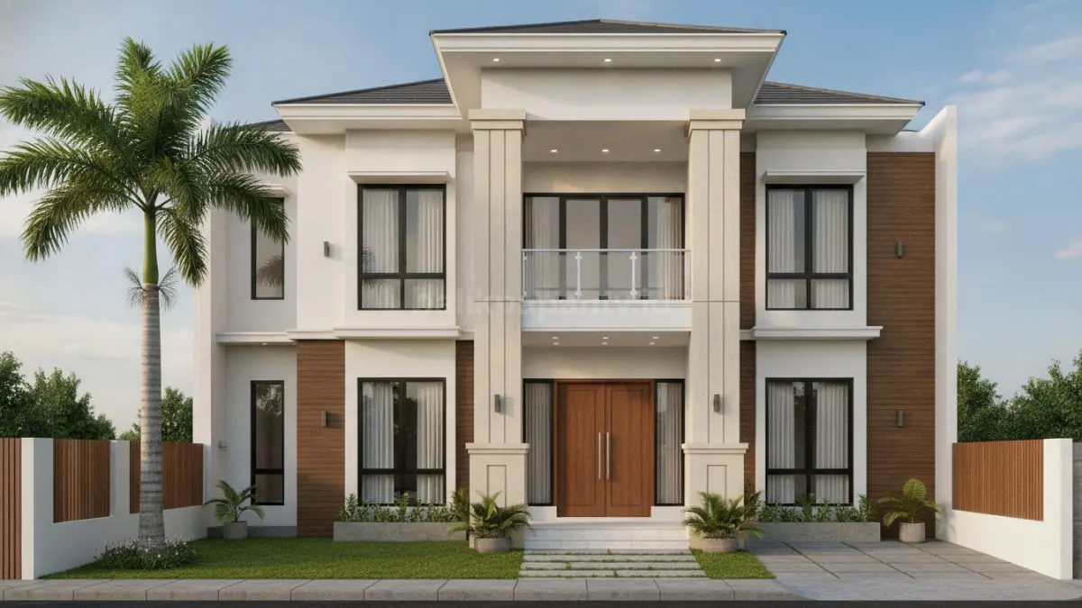 Pilar klasik proporsional menghadirkan kesan mewah dan elegan dengan desain yang lebih seimbang pada fasad rumah modern. (BTV/Ai)
