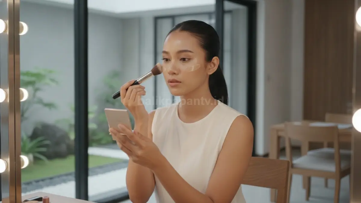 Proses aplikasi base tipis yang fokus pada area wajah tertentu agar coverage tetap optimal.
